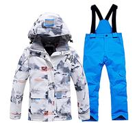 LSHDCER Combinaison Ski Enfant Épaisse Chaude Combinaison de Neige Garçon Fille Imperméable Ensemble Snowsuit 2pcs Coupe-Vent, Veste Blanche + Pantalon Bleu, L/8-9 Ans