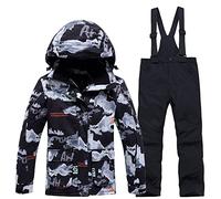 LSHDCER Combinaison Ski Enfant Épaisse Chaude Combinaison de Neige Garçon Fille Imperméable Ensemble Snowsuit 2pcs Coupe-Vent, Veste Noire + Pantalon Noir, S/5-6 Ans