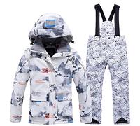 LSHDCER Combinaison Ski Enfant Épaisse Chaude Combinaison de Neige Garçon Fille Imperméable Ensemble Snowsuit 2pcs Coupe-Vent, Veste Blanche + Pantalon Encre Blanc, L/8-9 Ans