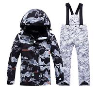LSHDCER Combinaison Ski Enfant Épaisse Chaude Combinaison de Neige Garçon Fille Imperméable Ensemble Snowsuit 2pcs Coupe-Vent, Veste Noire + Pantalon Encre Blanc, XXL/12-13 Ans