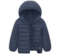 LSHDCER Doudoune Enfant Courte Veste Matelassée en Coton de Couleur Unie Manteau Hiver à Capuche à Manches Longues pour Garçon Fille,Bleu Marine,150/8-9 Ans