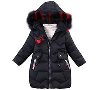 LSHDCER Doudoune Enfant Fille Mi-longue à Capuche Détachable de Col en Fourrure Veste Matelassée en Coton Manteau Hiver Épais Chaud, Noir, 160/13-14 Ans