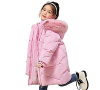 LSHDCER Doudoune Enfant Fille Mi-longue Veste Matelassée à Capuche avec Col Fourrure Manteau Fille Hiver Blouson de Duvet de Canard, Rose Rouge, 150/10-11 Ans L2A21N15