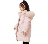 LSHDCER Doudoune Enfant Fille Mi-longue Veste Matelassée à Capuche avec Col Fourrure Manteau Fille Hiver Blouson de Duvet de Canard, Rose, 120/5-6 Ans L2A21P12