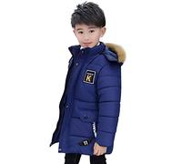 LSHDCER Doudoune Enfant Garçon à Capuche de Col en Fourrure Détachable Veste Hiver Mi-lon gue Manteau Matelassé en Coton Épais, Bleu Foncé, 140/8-9 Ans