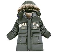 LSHDCER Doudoune Garçon à Capuche de Col en Fourrure Veste Matelassée à Manches Longues Manteau Parka Hiver Enfant Épais, Vert Armée, 130/6-7 Ans