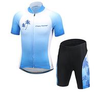 LSHEL 2 Pièces Maillot de Cyclisme pour Enfant à Manches Courtes + Shorts Combinaison de Vélo Séchage Rapide vêtements Course Cycliste, Top+Pantalon,Cocotier Bleu, 11-12ans,150(Stature:140-150cm)