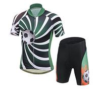 LSHEL 2 Pièces Maillot de Cyclisme pour Enfant à Manches Courtes + Shorts Combinaison de Vélo Séchage Rapide vêtements Course Cycliste, Top+Pantalon,Football Vert, 13-14ans,160(Stature:150-160cm)