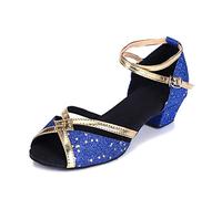 LSHEL Chaussures de Danse Filles et Dames Peep Toe Talons Hauts Performance Practice Dancer Danse Latine Chaussures de Danse, Bleu Royal, 28 EU