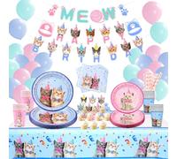 LSJDEER 210 pcs cat fête décorations set, chaton jetable vaisselle compris joyeux anniversaire bannière macaron ballons dîner plaques dessert plaques serviettes couverts coupes cupcake toppers