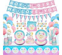 LSJDEER Bébé sexe révèlent Articles de fête - Garçon ou fille, nous vous aimons Bannière, nappe, gâteau, ballons, Assiettes Serviettes Tasses, Paille, 25 Invités - 202 Pièces