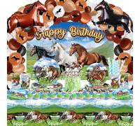 LSJDEER Décoration de fête d'anniversaire de cheval - Cadeaux de fête de cheval, assiettes, gobelets, serviettes, nappe, ballons en toile de fond, décoration de gâteau en arc (L)