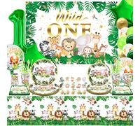 LSJDEER décorations d'anniversaire sauvages- fournitures d'anniversaire safari jungle- assiettes, serviettes, nappes, pailles, décoration de gâteau, 1er ballons, toile de fond animal pour 1er, sert 20