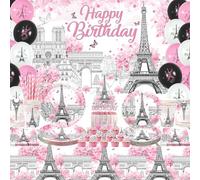 LSJDEER Décorations de fête d'anniversaire Tour Eiffel Paris, assiettes, tasses, serviettes, nappe, toile de fond « Happy Birthday » pour 20 personnes
