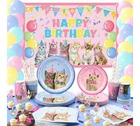 LSJDEER Ensemble de fournitures de décorations de fête de chat, vaisselle de chaton comprenant un fond de chat joyeux anniversaire, des ballons de macaron, des assiettes à dîner- Pour 20 personnes