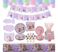 LSJDEER Ensemble de fournitures de fête d'anniversaire de chat, la table de chaton comprend une bannière de joyeux anniversaire, des assiettes, une nappe, des tasses, un ballon, grandes multicolores