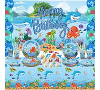LSJDEER Fournitures de fête sous la mer - Assiettes, tasses, serviettes, nappes, ballons, décorations de gâteau pour décorations de fête d'anniversaire du monde sous-marin, pour 20 personnes