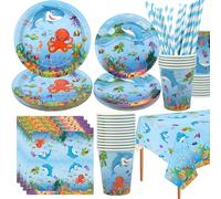 LSJDEER Fournitures de fête sur le thème de la mer - Assiettes à dîner et à dessert Tasses Serviettes de table Pailles pour les décorations de fête d'anniversaire du monde sous-marin, Servir 20