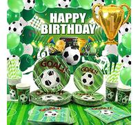 LSJDEER Fournitures de Football - Toile de Fond d'Anniversaire, Assiettes, Tasses, Serviettes, Nappe, Ballons, Pailles - Décorations pour 20, 193 Pièces
