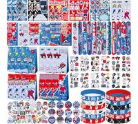 LSJDEER Lot de 134 faveurs de hockey pour fête - 41 autocollants, 12 sacs Goodie, 12 badges à boutons, 12 bracelets Slap, 12 autocollants de tatouage, 12 bracelets pour fête sportive de hockey sur