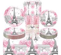 LSJDEER Paris Party Supplies - Tour Eiffel Party Tableware - Assiettes Plates à Dessert, Gobelets, Serviettes, Pailles pour Fête d'anniversaire à Paris, Décorations pour Fête d'anniversaire et Bébé