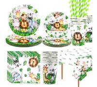 LSJDEER, Safari Jungle Anniversaire Vaisselle Ensemble - Wild One 1er Anniversaire Décorations - Assiettes de dîner Assiettes de desserts Tasses Nappe Pailles pour fête motif animal, Services 20