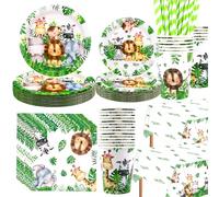LSJDEER, Safari Jungle Anniversaire Vaisselle Set - Wild One 1er Anniversaire Décorations - Assiettes de dîner Assiettes de desserts Tasses Serviettes Nappe Pailles pour Animal Party, Services 20