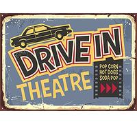 Lsjuee Enseigne en métal au design vintage de théâtre. Cinéma en plein air rétro avec typographie funky et graphique de voiture. Unique Bar Plaque Murale Décor Cuisine Vintage