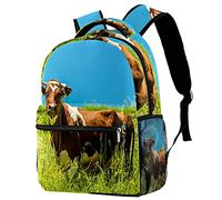 Lsjuee Farm Cow In The Grass Meadow Sac à dos avec compartiment pour ordinateur portable et double pochette pour bouteille de boisson pour sacs d'école pour adolescents