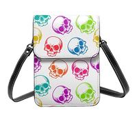 Lsjuee Grand crâne coloré sur fond blanc sac à bandoulière bandoulière téléphone portable sac à main femmes Pu petit bandoulière portefeuille sac à main sac à bandoulière