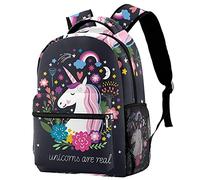 Lsjuee Magic Unicorn Are Real Flower Moon Sac à dos Compartiment pour ordinateur portable et double pochette pour bouteille de boisson pour sacs d'école pour adolescents