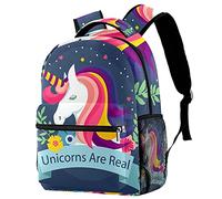 Lsjuee Magic Unicorn Are Real Flower Moon Sac à dos Compartiment pour ordinateur portable et double pochette pour bouteille de boisson pour sacs d'école pour adolescents