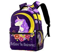 Lsjuee Magic Unicorn Are Real Flower Moon Sac à dos Compartiment pour ordinateur portable et double pochette pour bouteille de boisson pour sacs d'école pour adolescents