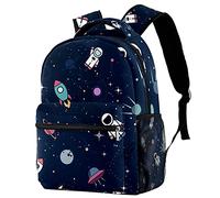 Lsjuee Outer Space Rocket Planet Navy Sac à dos avec compartiment pour ordinateur portable et double pochette pour bouteille de boisson pour sacs d'école pour adolescents