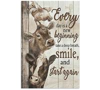 Lsjuee Retro Tin Sign Smile and Start Again Vache et Poulet Tin Sign Funny Chicken House Farm Family Kitchen Outdoor Coq Chicken House Décoration 8x12inch