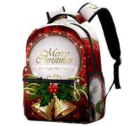 Lsjuee Sac à dos sac d'école Noël cloche d'or bonne année rouge sacs à dos en tissu sergé pour filles garçons