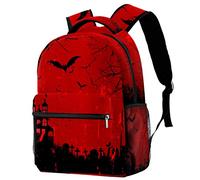 Lsjuee Sac à dos sac d'école rouge sang Halloween maison hantée chauve-souris sacs à dos en tissu sergé pour filles garçons