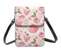 Lsjuee Tasses à thé avec des roses Romantique Shabby Red Rose Crossbody Sacs à main pour téléphone portable pour femme, Cuir PU Mignon Imprimé Petit portefeuille pour téléphone portable
