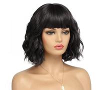 lskdnrufh Perruque noire courte ondulée et bouclée for femme, coupe au carré avec frange, 30 cm, cheveux synthétiques mi-longs, for un usage quotidien ou en soirée.