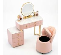 Lsoiup Coiffeuse avec Commode, Table de Maquillage avec Miroir éclairé et Tabouret de Rangement for Chambre à Coucher, Table de Toilette avec Armoire de Rangement, tiroir, Pied en métal, Rose(L:80cm)