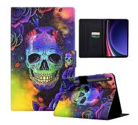 LSPCASA Coque pour Samsung Galaxy Tab S10 FE/S9 FE/S9 10.9 Pouces PU Leader avec Support et Carte Étui Housse Protection Compatible Samsung Galaxy Tab S10 FE/S9 FE/S9 -Crâne coloré