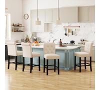 LSSPAID Lot de 4 tabourets de bar de 61 cm de hauteur, rembourrés en tissu rembourré pour cuisine, bar avec dossier touffeté à boutons et pieds en bois massif, beige