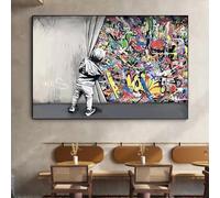 LSYALUCK Enfants derrière le rideau Graffiti Art toile peinture sur le mur affiches imprime des images de rue modernes pour la décoration de la maison 70x120 cm (28x47in) avec-encadré noir