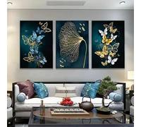 LSYALUCK Ensemble d'affiches sur toile imprimées, style nordique, papillons dorés et bleus, feuilles, décoration murale moderne pour salon et chambre 60x85cm/24x34 po x3 cadre intérieur