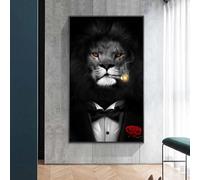 LSYALUCK Lion moderne en costume toile peinture sur le mur affiches d'art imprime Lion fumeur art nordique animaux photo pour salon 70x140 cm (28x55in) sans cadre