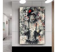 LSYALUCK Tableau abstrait vintage de style graffiti représentant un chimpanzé fumant et un gangster, imprimé sur toile, affiche pour salon 90x140cm cadre intérieur