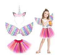 LSYYSL Costume arc-en-ciel de dessin animé 3 pièces, robe arc-en-ciel pour enfants, robe de princesse de couleur dégradée, ensemble d'ailes d'ange, tutu, accessoires de costume de cosplay.