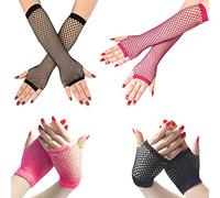 LSYYSL Lot de 4 paires de gants longs et courts en maille punk sans doigts pour femme - Accessoires de costume pour mascarade - Pour fête à thème (rose rouge, noir), Rouge rose, noir