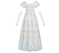 LTAKK Robe régence pour femme - Manches bouffantes avec ceinture - Robe longue à motif floral - Taille empire - Robe Renaissance élégante pour mariage, gala, thé, bleu, XL