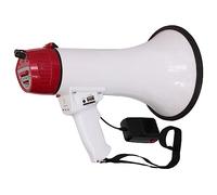 LTC - MEGA35USB - Mégaphone de 35W rechargeable avec micro amovible, sirène, USB, SD, AUX, contrôle MP3, poignée et enregistrement de message - Blanc & rouge